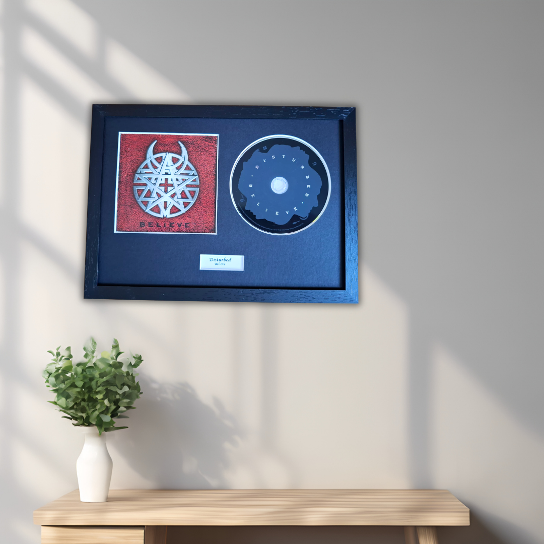 A framed wall art piece displayed on a light gray wall above a wooden console table with a small green plant in a white vase. The frame contains a red square artwork with a white geometric emblem and the word 'BELIEVE,' alongside a circular blue-and-white abstract design and a small plaque.