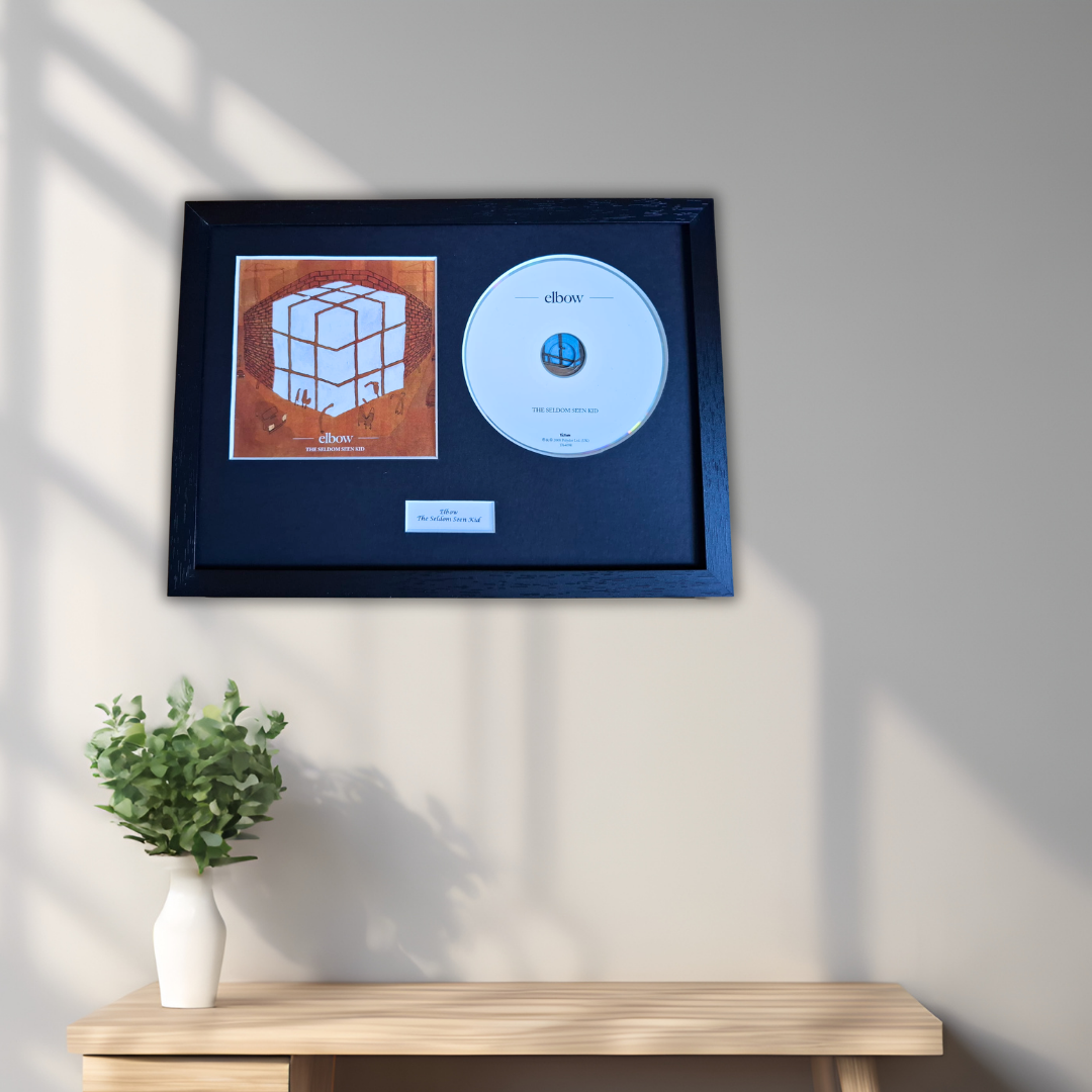 A framed black record plaque featuring the album art and a silver CD mounted on a dark backing, displayed on a light gray wall above a wooden console table with a small white vase of green leaves.