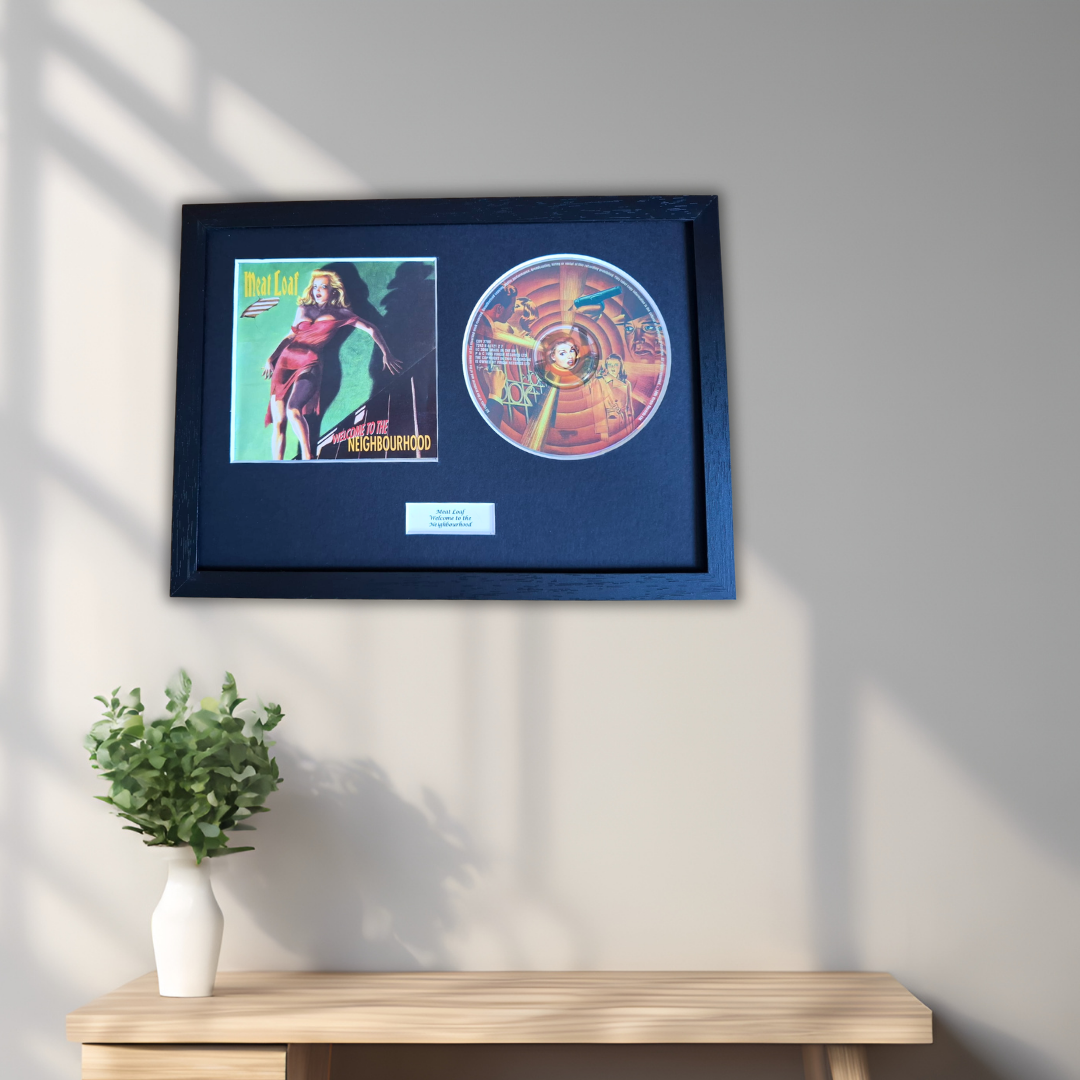 A framed music display featuring a square album cover and a circular vinyl record mounted on a dark blue mat, hung on a light gray wall above a wooden console table with a small white vase of green leaves.
