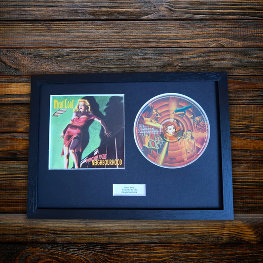 A framed music memorabilia display on a dark wood background, featuring a square album cover print and a circular CD with printed artwork, mounted in a black frame with a small plaque below.