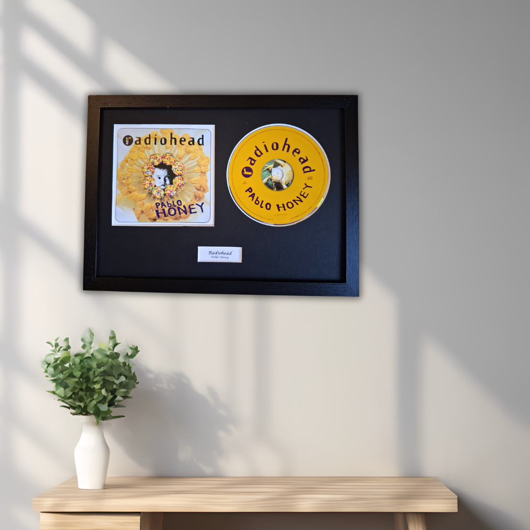 A framed Radiohead 'PabloHoney' collectible display mounted on a light gray wall above a wooden console table with a small green plant in a white vase. The display includes a black frame with the album cover art and a circular yellow vinyl record.