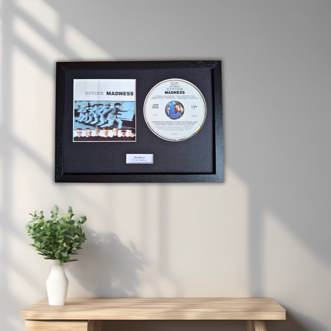 A framed Madness CD display hanging on a light gray wall above a wooden console table with a small green plant in a white vase. The black frame contains a square album cover, a circular silver record, and a small white plaque.