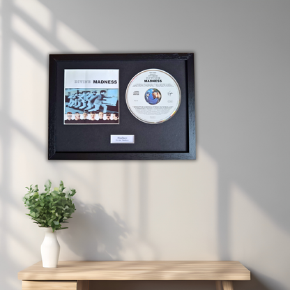 A framed Madness CD display hanging on a light gray wall above a wooden console table with a small green plant in a white vase. The black frame contains a square album cover, a circular silver record, and a small white plaque.