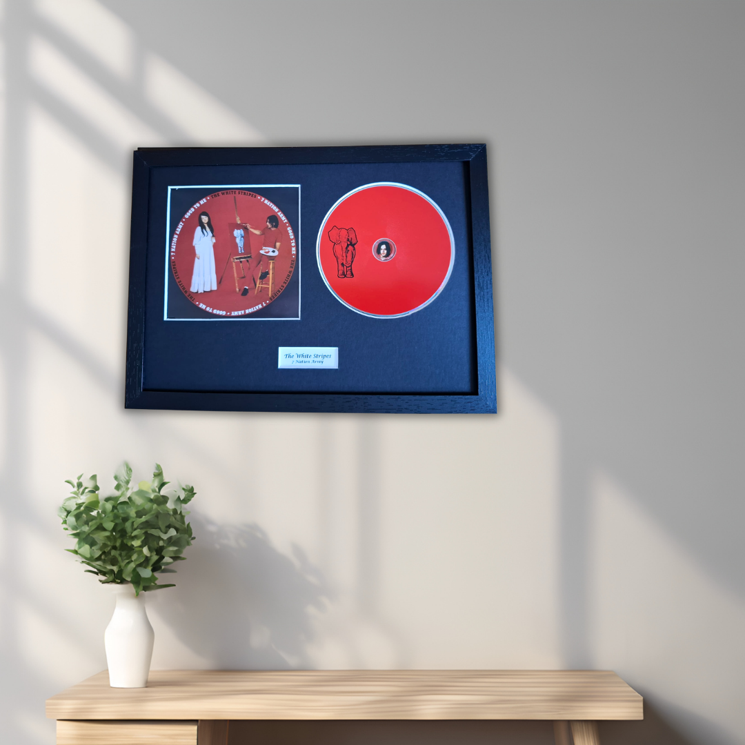 A framed red CD display mounted on a light gray wall above a wooden console table with a white vase of green leaves. The frame contains a circular red record alongside a smaller illustrated print, with a small label below.